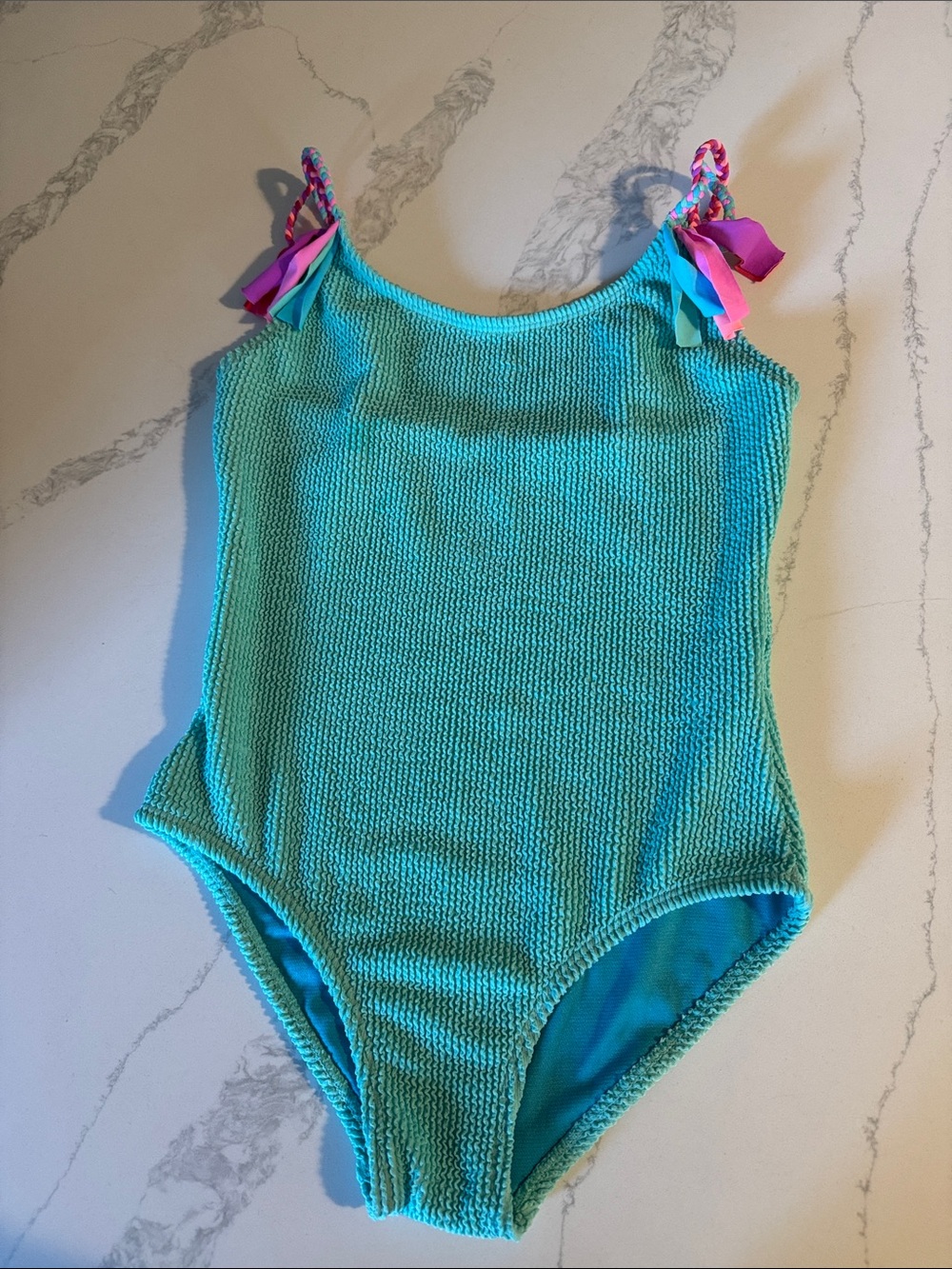Girls' Teal Textured One-Piece Swimsuit with Pink Accent Ties